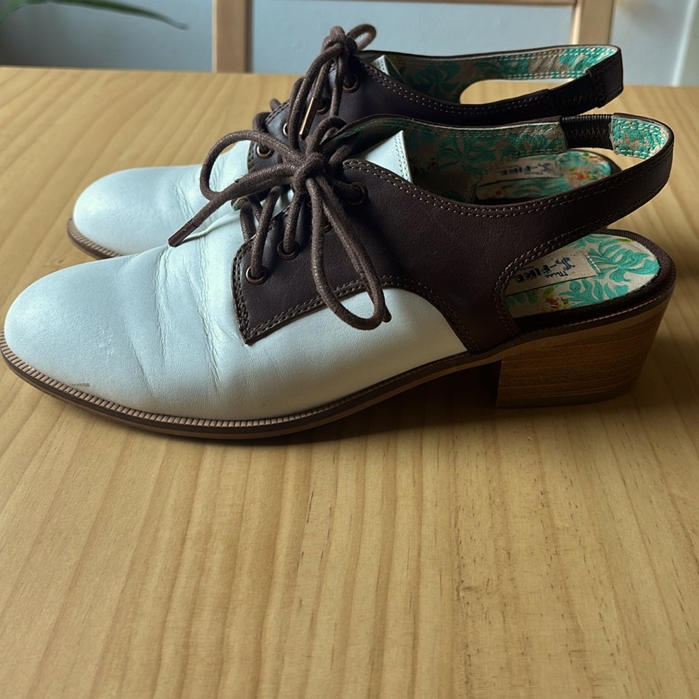 Miss L-Fire shoes, size 38, white and brown with 2 inch heel.